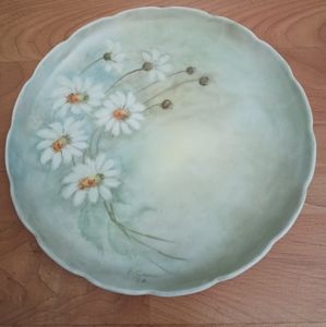 vintage floral decorative plate green white signed